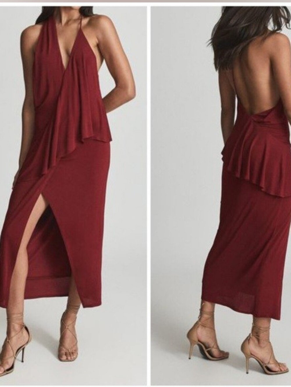 Reiss XENA Deep Red Strappy Backless Halter Maxi Dress Size 0